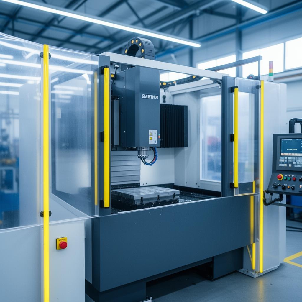 Máquina industrial moderna com cortinas de luz, grades de proteção e botão de emergência conforme NR-12